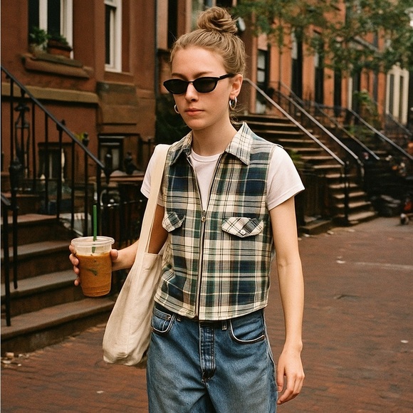 Vintage 90s Collin Creek Silk-Cotton Plaid Zip Front Sleeveless Shirt Vest - Picture 1 of 12